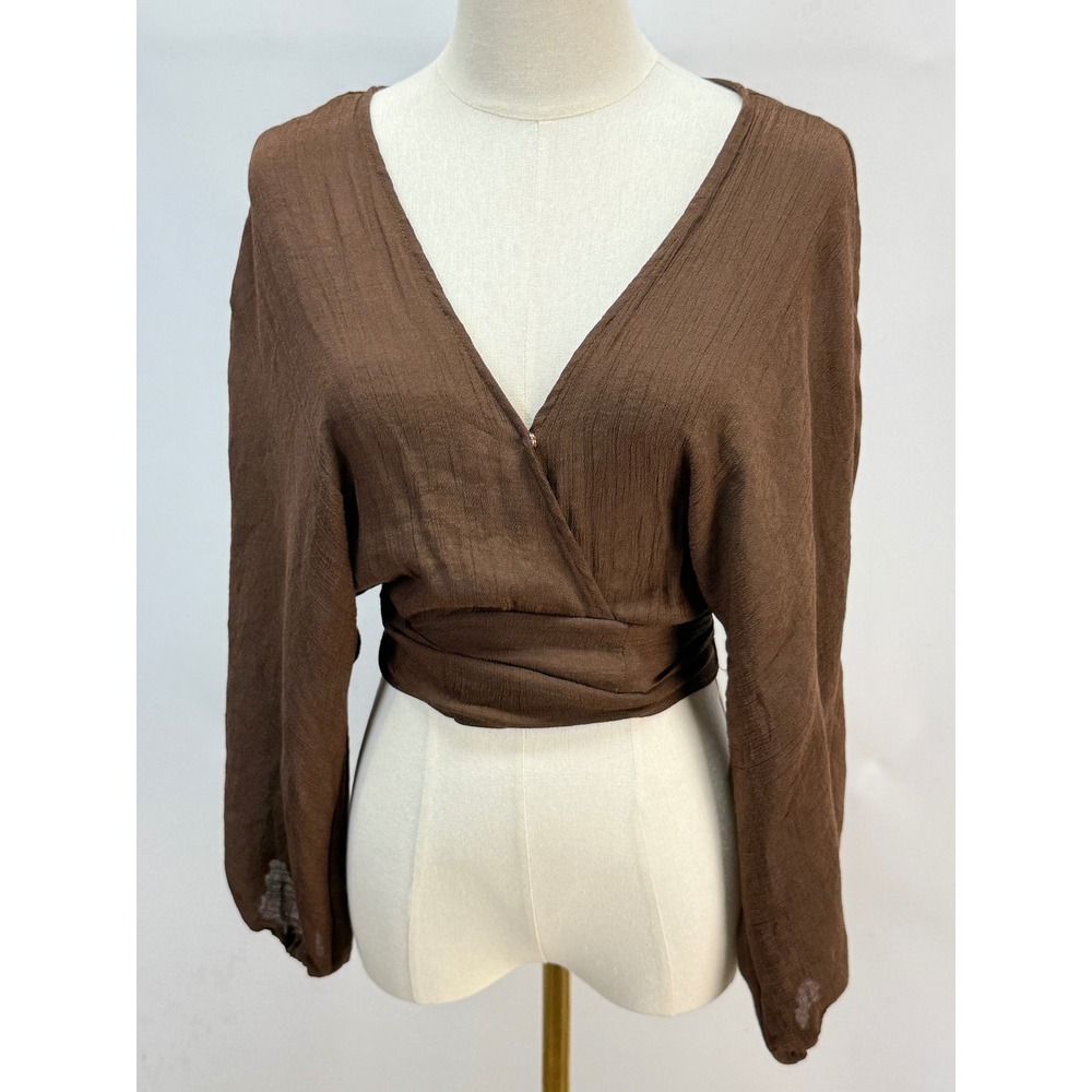 Kittenish Brown Textured Wrap Crop Top BOHO Long Sleeve Surplice Medium